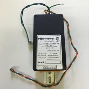 A rectangular Fortress Phantom Power Supply with attached wires and a label showing specifications and ratings.