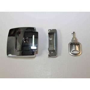 Goring Kerr Lockable Panel Door Catch with square faceplate, latch, and matching key on a white surface.