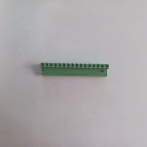 Pluggable Terminal Blocks 16 Position, green with multiple small round holes, on a plain white background.