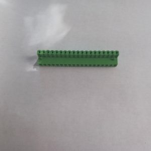 A Pluggable Terminal Blocks 19 Position, green plastic strip with multiple small holes on a white surface.